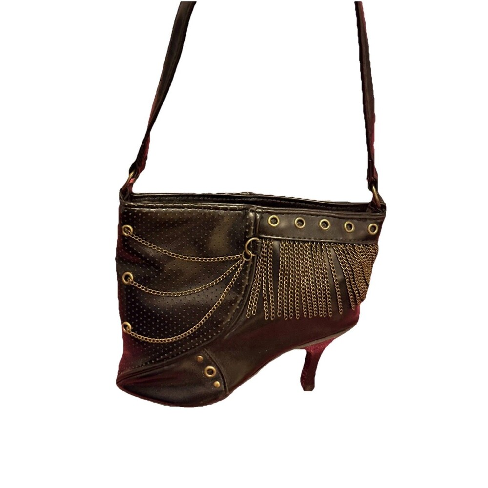 VTG High Heel Stiletto Bootie Purse Shoulder Bag Black Gold Brass Chain Trim